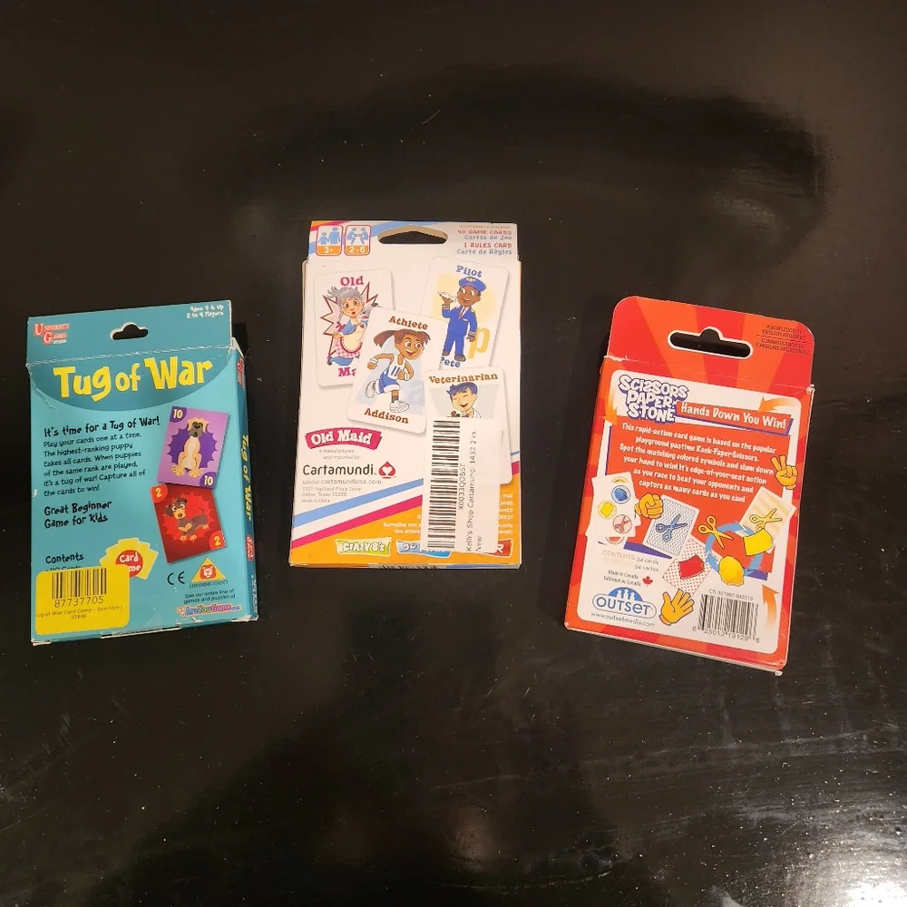 Cartamundi Kids Card Games Set Of 3 Old Maid Tug Of War Scissors Paper Stone